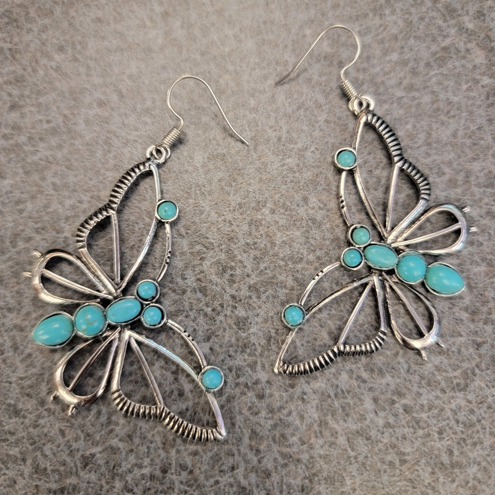 Silver Butterfly Earrings with Turquoise Stones - Picture 2 of 2